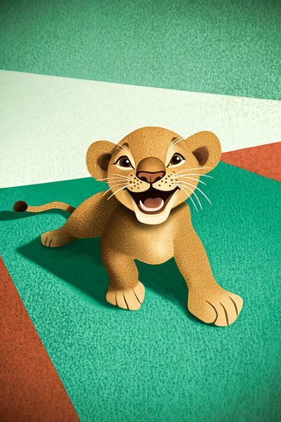 Speelse leeuwenwelp op kleurrijke achtergrond van Art & Soul Creations