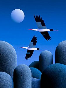 Blue Soaring | Cranes above Dreamlike Blue Landscape