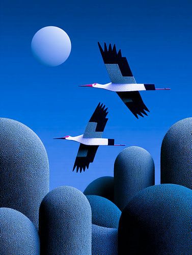 Blue Soaring | Des grues au-dessus d'un paysage bleu de rêve