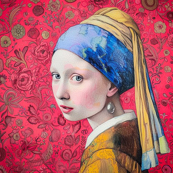 Girl with the pearl earring flowers background by Vlindertuin-Art