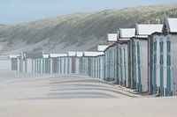 Blauwe strandhuisjes bij paal 17 aan het Noordzeestrand van Texel.