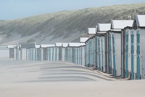 Blauwe strandhuisjes bij paal 17 aan het Noordzeestrand van Texel.