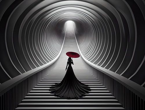 Woman in black with red umbrella