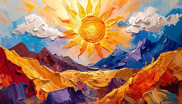 Vibrant Sun Over Colorful Mountains – Abstract Impasto Landscape Painting by Naik Turun