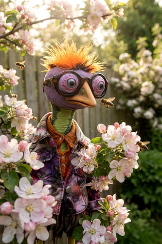 Vogelpop ontdekt bijen in de bloeiende appelboom