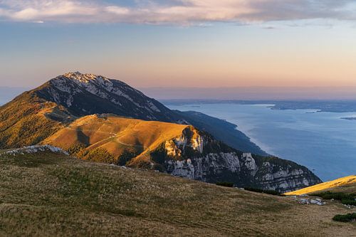 Monte Baldo at Lake Garda at sunrise. Hiking at the lake with a great view