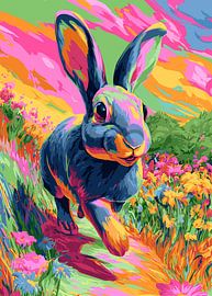 Abstrakter Hase in bunter Blumenlandschaft