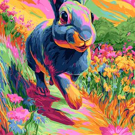 Abstract rabbit in a colourful floral landscape by Pixelbull Design