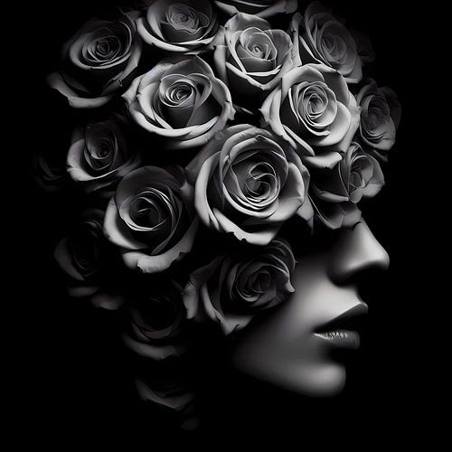 Schwarzweißer Frauenkopf mit Rosen – Zeitlose Eleganz in floraler Kunst