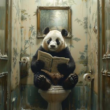 Relaxed panda reads newspaper in the bathroom by Felix Brönnimann