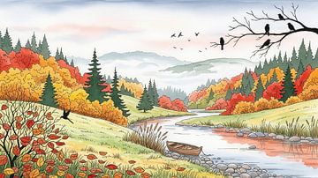 Aquarell Herbstlandschaft mit Fluss und Vögeln von Markus Gann