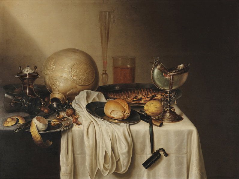 Bankett mit bärtigem Steingutglas, Maerten Boelema de Stomme von Meisterhafte Meister