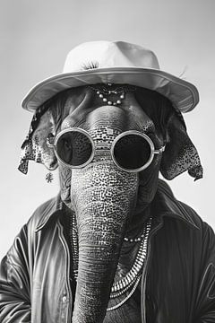 Stijlvol olifantenportret met zonnebril en hoed van Felix Brönnimann