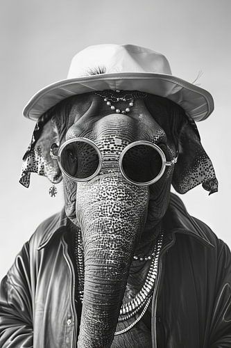 Portrait d'éléphant stylé en lunettes de soleil et chapeau