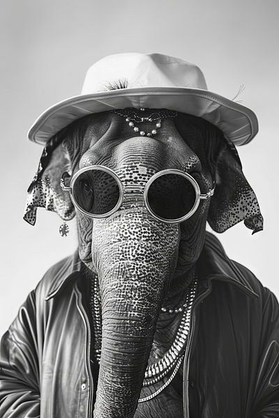 Stylish elephant portrait in sunglasses and hat by Poster Art Shop