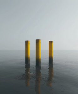 Betonpfähle in Wasserlandschaft