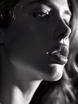 black-and-white portrait of woman by PixelPrestige