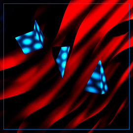 blaue geometrische Figuren vor einem geometrischen Hintergrund