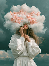 Cotton Candy Mirage - Extravagant Mode Portret met Pastelroze Wolken en Zijden Couture