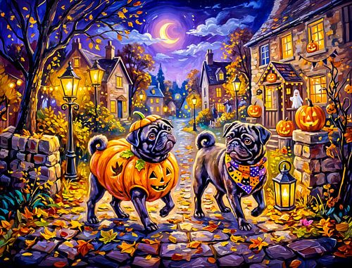 Whimsical Halloween Costume Mops Dog Illustration