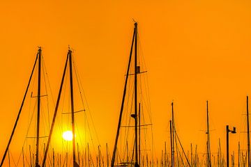 Sonnenuntergang und Masten im Hafen von Stavoren, Friesland. von Harrie Muis