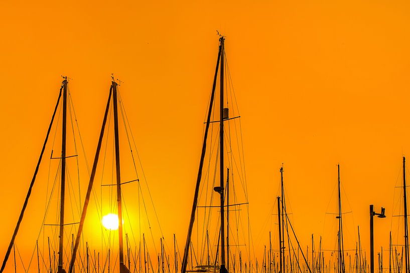 Sunset and masts in the harbour of Stavoren, Friesland. by Harrie Muis
