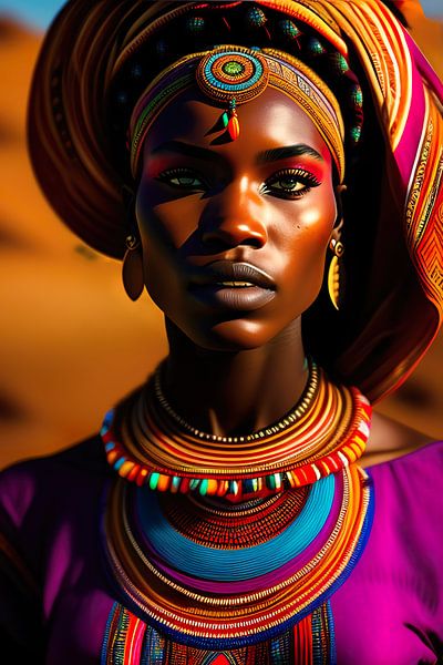 African lady. Ethnic portrait. digital painting of African tribal lady with earth tone colors by Dreamy Faces