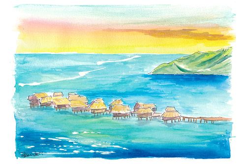 Mer du Sud Bungalows tropicaux de surface - aquarelle sur papier