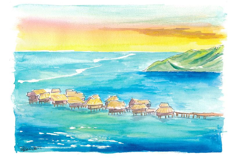 South Seas Tropical Overwater Bungalows - Watercolour on paper by Markus Bleichner