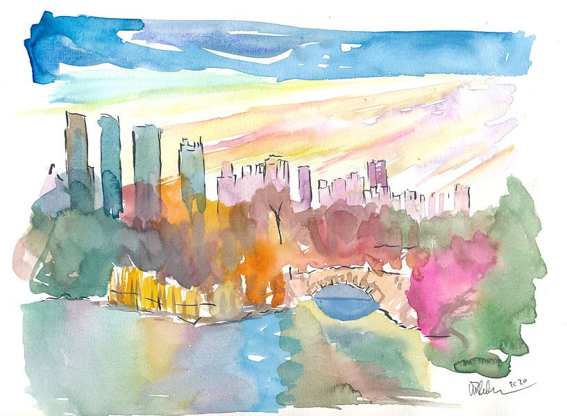 Blick auf die Skyline von New York vom Central Park mit Teich von Markus Bleichner