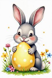 Grey Rabbit with Yellow Easter Egg and Spring Flowers by Markus Gann