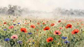 A field of poppies in the morning mist