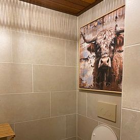 Klantfoto: Fragmenten van Vergetelheid - Schotse Hooglander in Aquarel van Eva Lee, op canvas