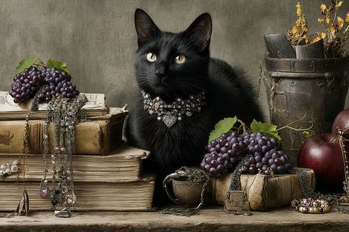 Zwarte Kat met Parels en Druiven - Mysterieus Kunstwerk