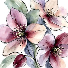 Hellebore flowers close up (AI) (painting, soft, colours, purple, decorative, tranquil)