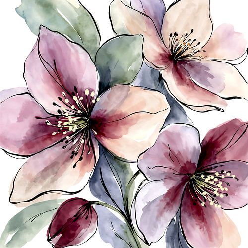 Helleborus bloemen close up (AI) (schilderij, zachte, kleuren, paars, decoratief, rustig, vrolijk, winterroos, romantisch)