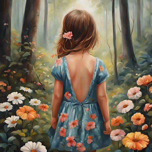 Bloemen Meisje In Het Bos Schilderij