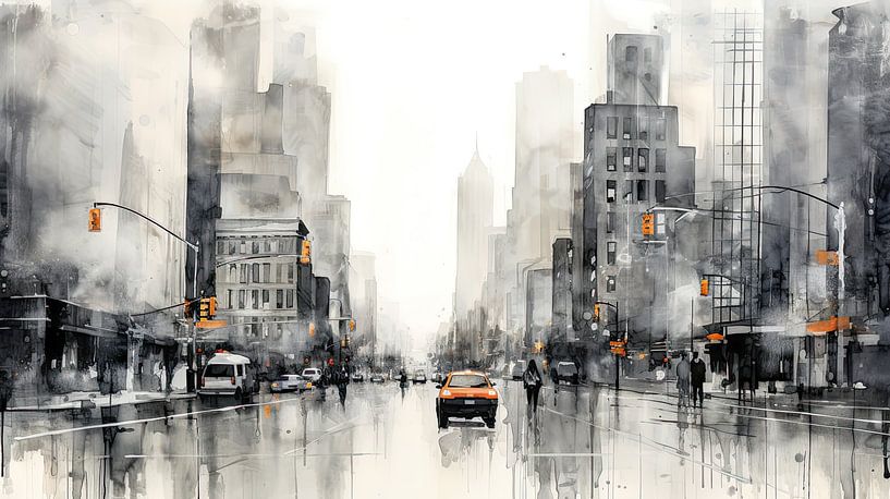 Regentag in New York Aquarell von Vlindertuin-Art