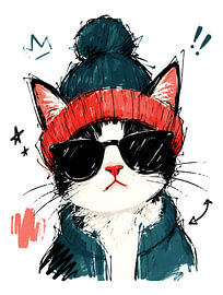 Un chat cool en smoking avec un bonnet et des lunettes de soleil « & » – Illustration de chat dessinée à la main