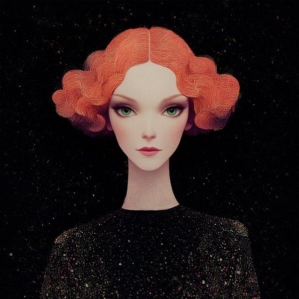 Mystiek surrealistisch portret met rood haar en groene ogen van Marijke Trienekens