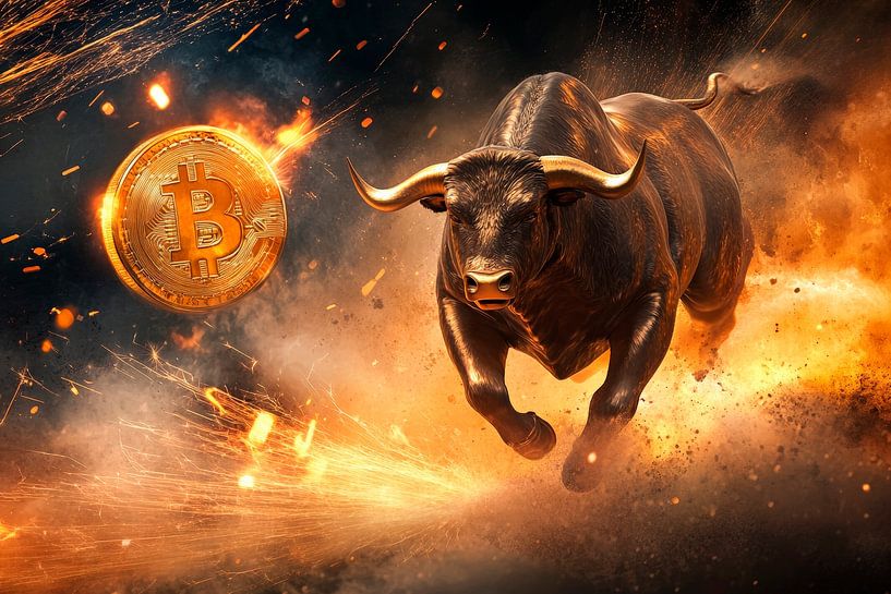 Laufender Bulle mit Bitcoin – Kraftvoll und Dynamisch von Poster Art Shop