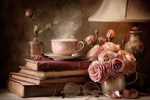 Romantisches Stillleben mit Büchern, Tee und Blumen