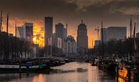 Rotterdamse haven met vurige zonsondergang