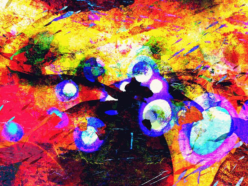 Modern, Abstract Digitaal Kunstwerk in Rood, Geel, Zwart, Paars van Art By Dominic