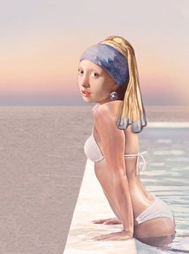 Meisje met de parel 2.0 - Bikinistijl - Johannes Vermeer - Pop-Art - Fotocollage - Moderne Twist van Dagmar Pels