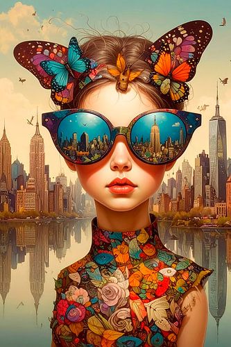 Une petite fille aux papillons en ville...
