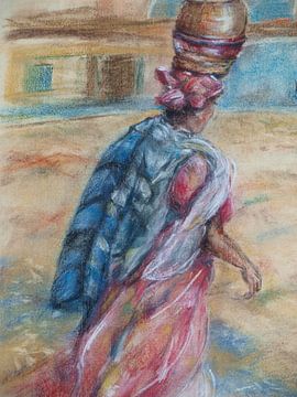 Portret van een Afrikaanse vrouw onderweg naar de markt.. van Ineke de Rijk