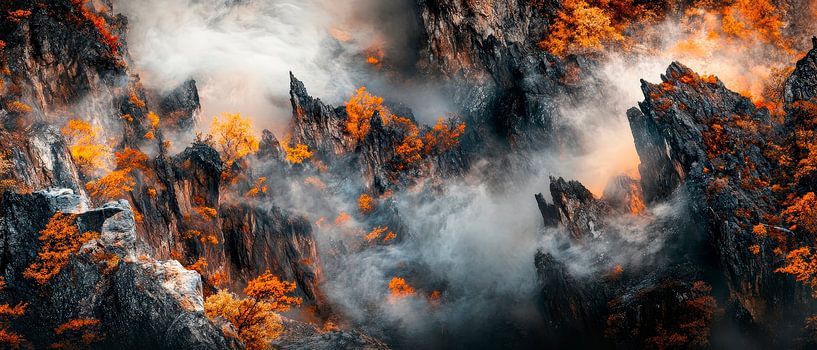 Mountain landscape with fog and fire by Poster Art Shop