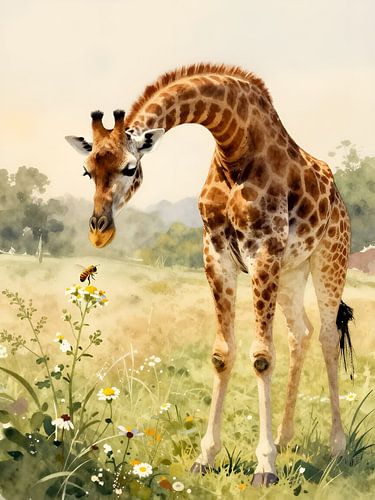 Giraffe en bij op de bloemenweide