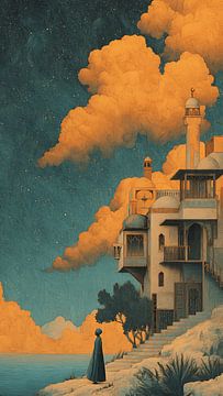 Dreamlike Ramadan Moment Surreal Illustration in Vintage Style by Aden Pink Studio